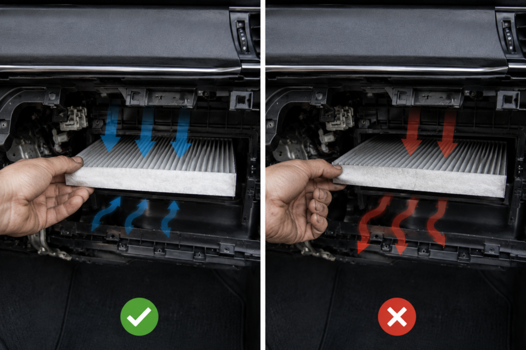 Correct vs incorrect Toyota Camry cabin air filter installation showing proper airflow direction and common DIY mistake comparison