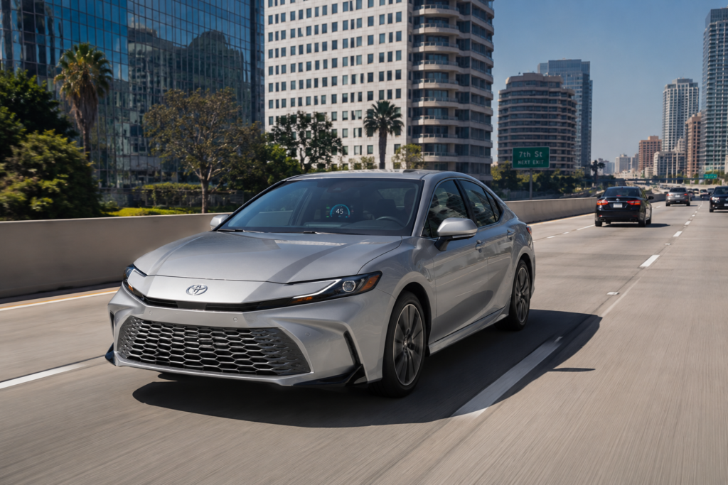 2025 Toyota Camry Hybrid driving on urban freeway showing smooth daily commuting performance and hybrid efficiency in traffic