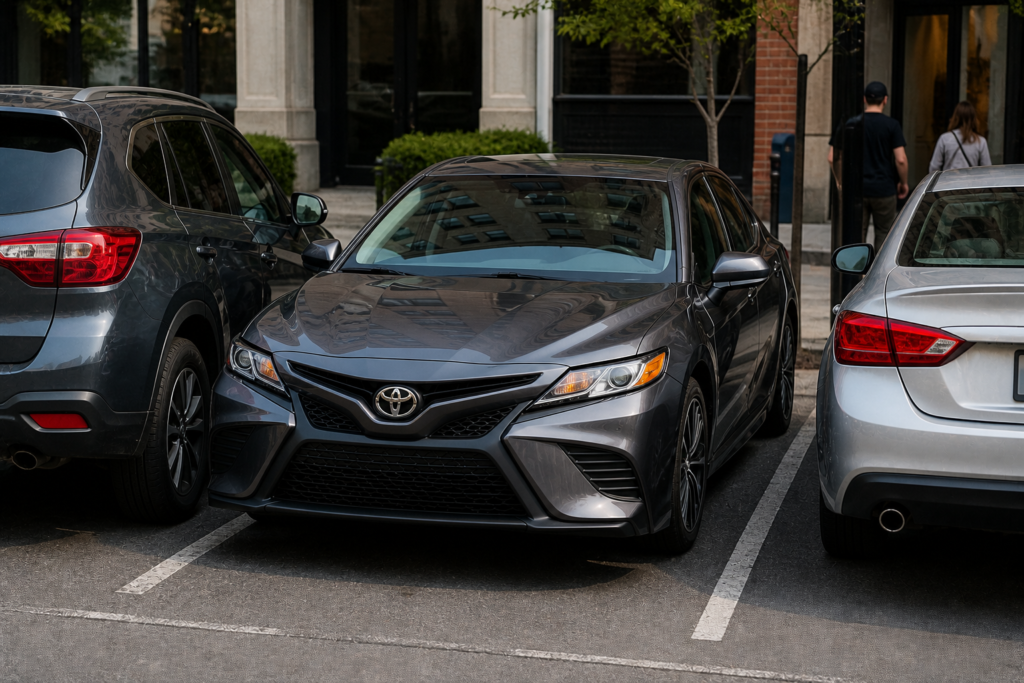 Toyota Camry parking in tight urban space between cars with visible lines, showing is the Camry easy to park in tight spaces