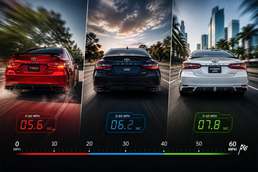 Toyota Camry TRD, XSE V6, and Hybrid AWD acceleration comparison showing real-world 0 to 60 mph performance!