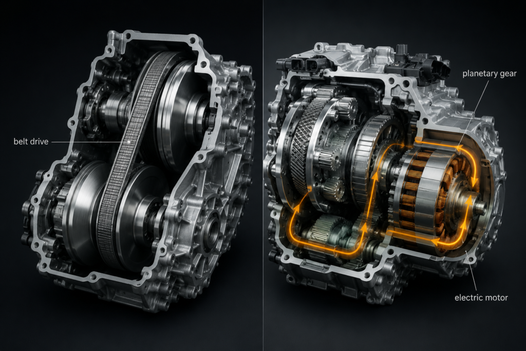 Toyota eCVT vs normal CVT transmission comparison showing planetary gears, belt drive, and electric motor operation.