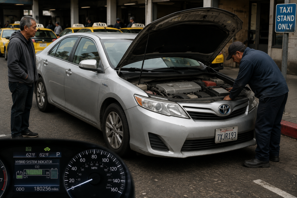 Toyota Camry Hybrid with 180000 miles parked near taxi stand while mechanic checks engine for long-term eCVT reliability.