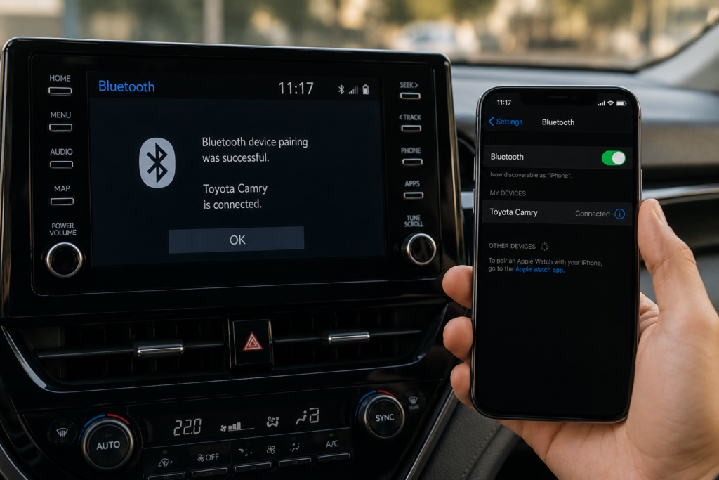 How to Connect Bluetooth to a Toyota Camry using iPhone settings with Toyota Camry device connected successfully
