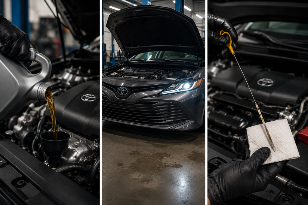 Step by step Toyota Camry oil filling process showing correct refill method with dipstick check and engine running steps