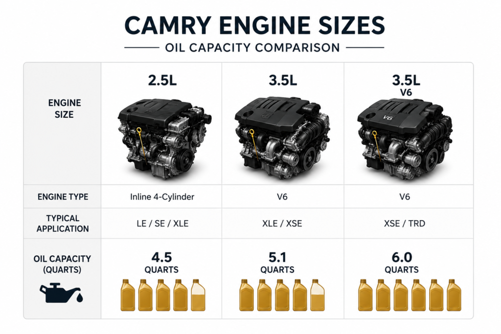 Toyota Camry engine oil capacity chart showing 4.5 to 6 quarts across different engine sizes and model years