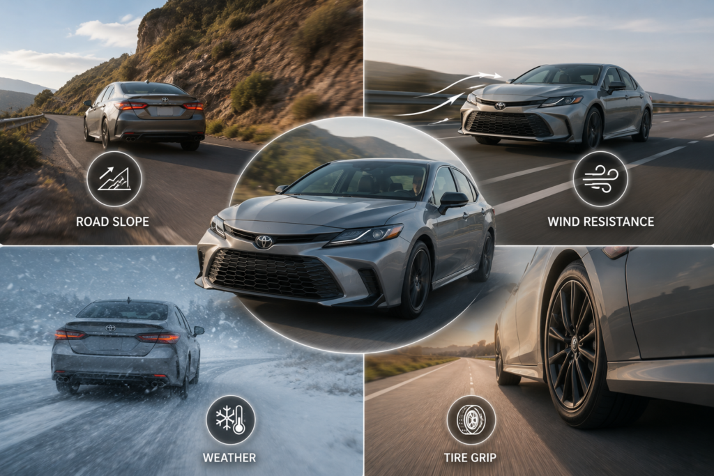 How fast can a Toyota Camry go? Weather, tire grip, wind resistance, and road slope all affect top speed performance.