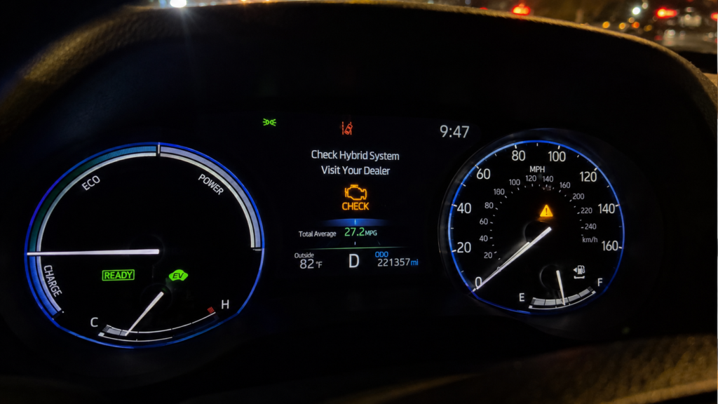 Toyota Camry Hybrid battery warning signs including check hybrid system light and reduced fuel economy display