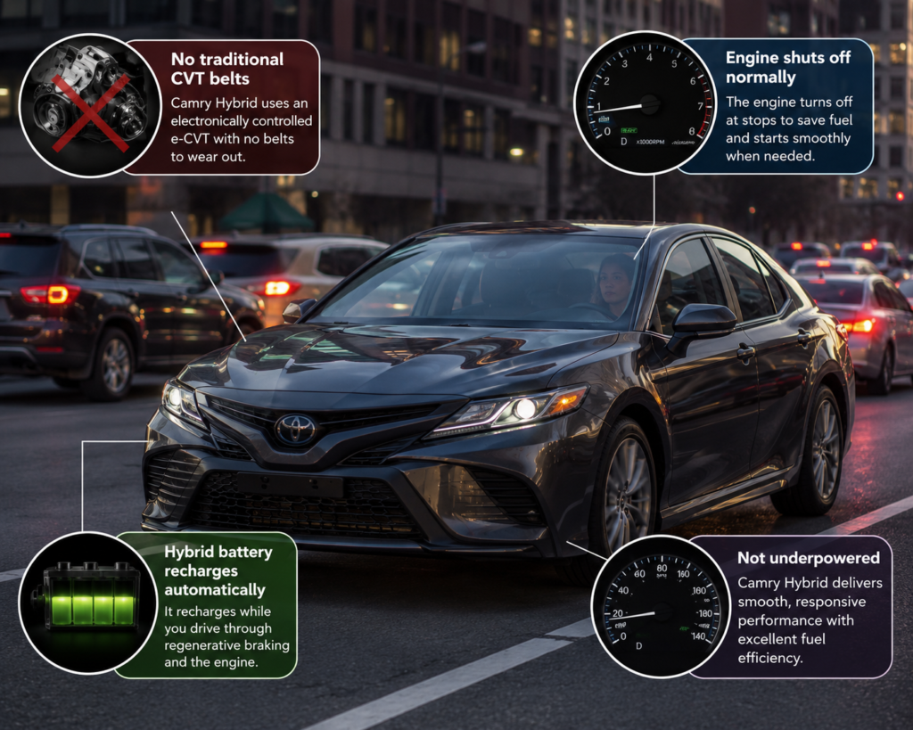 Toyota Camry Hybrid myths explained in realistic city traffic scene with automatic battery charging and eCVT system visuals