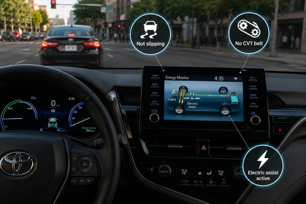 Toyota Camry Hybrid eCVT dashboard view showing electric assist, no CVT belt system, and smooth city traffic driving