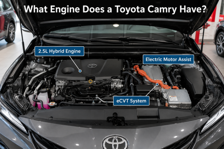 What Engine Does a Toyota Camry Have? Open hood view showing Camry hybrid engine, eCVT system, and electric motor assist.