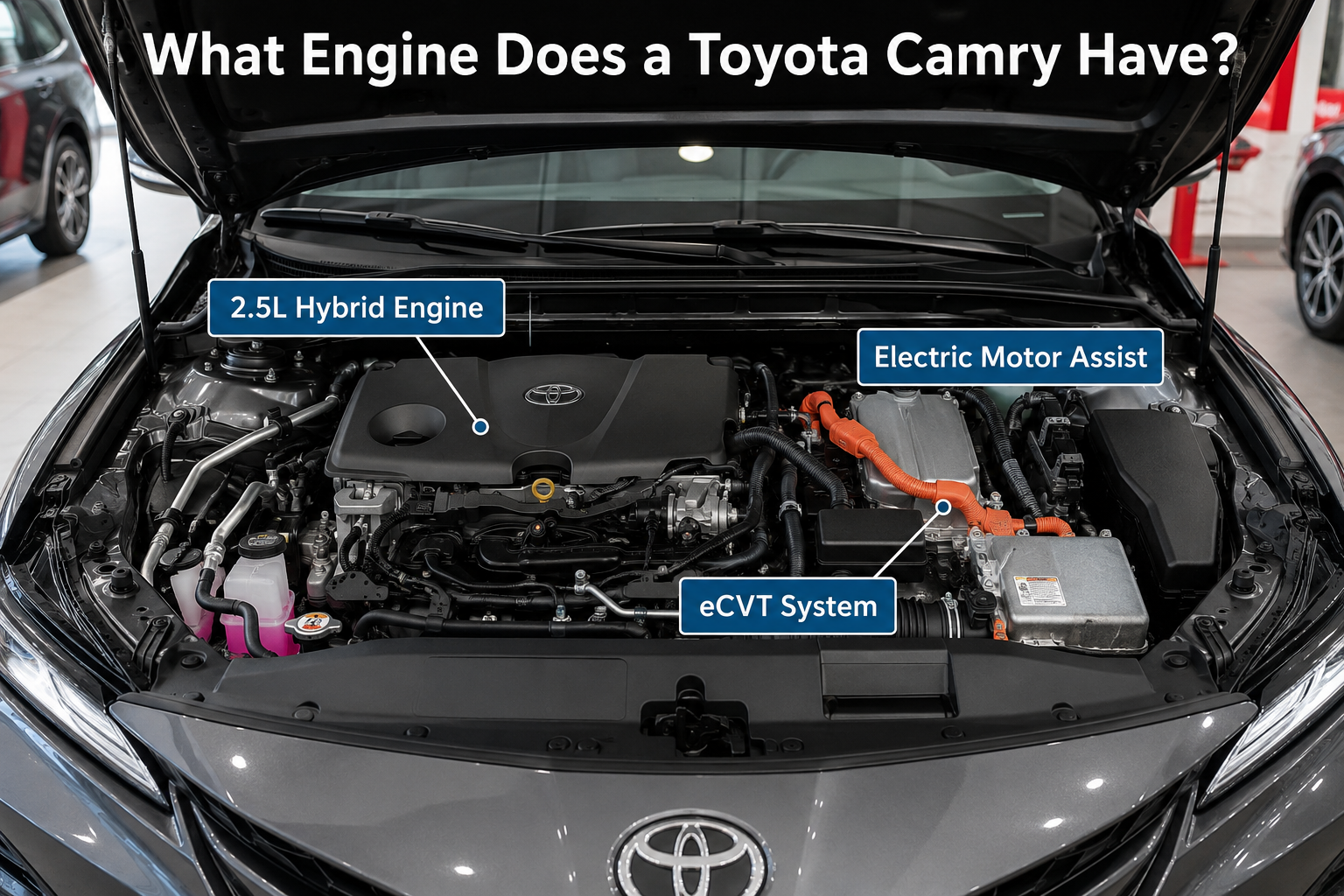 What Engine Does a Toyota Camry Have? Open hood view showing Camry hybrid engine, eCVT system, and electric motor assist.