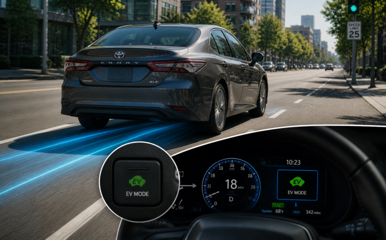 Toyota Camry Hybrid driving in city with EV mode indicator on dashboard, showing What Is EV Mode on a Toyota Camry clearly