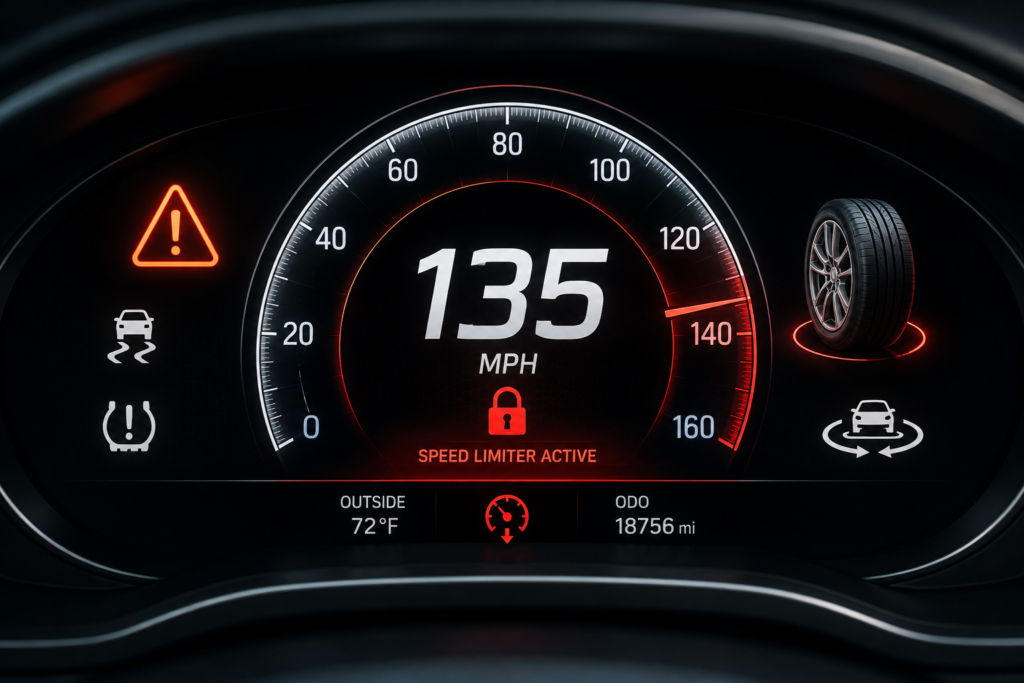 Car dashboard speedometer showing 135 MPH with speed limiter active, tire warning, and vehicle stability control icons.