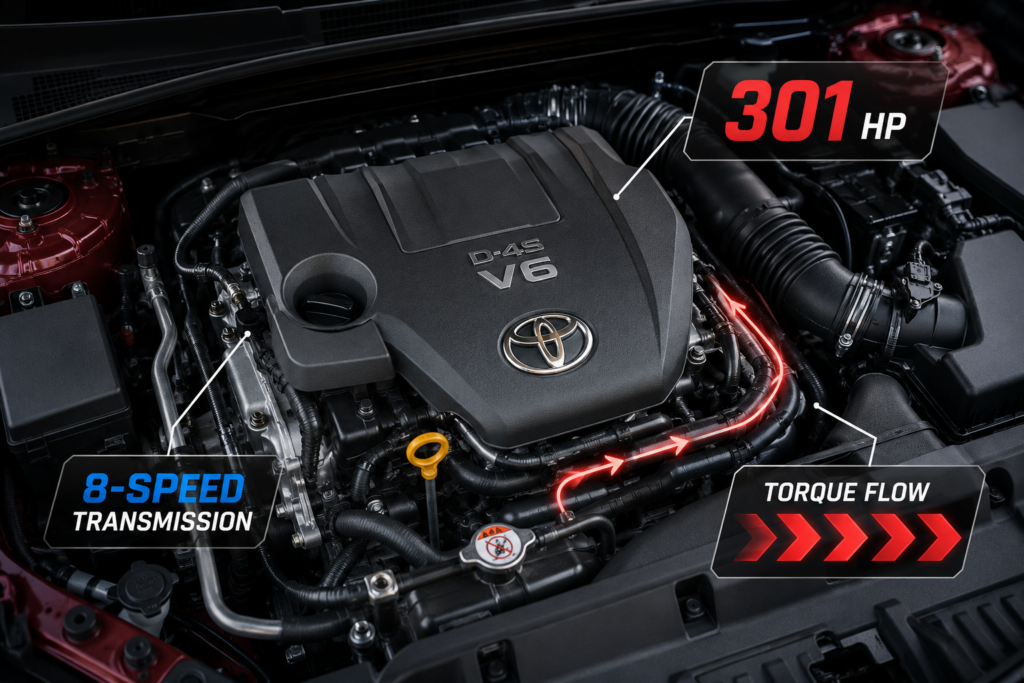 Toyota 3.5L V6 engine bay showing 301 horsepower, 8 speed transmission, and torque flow performance details