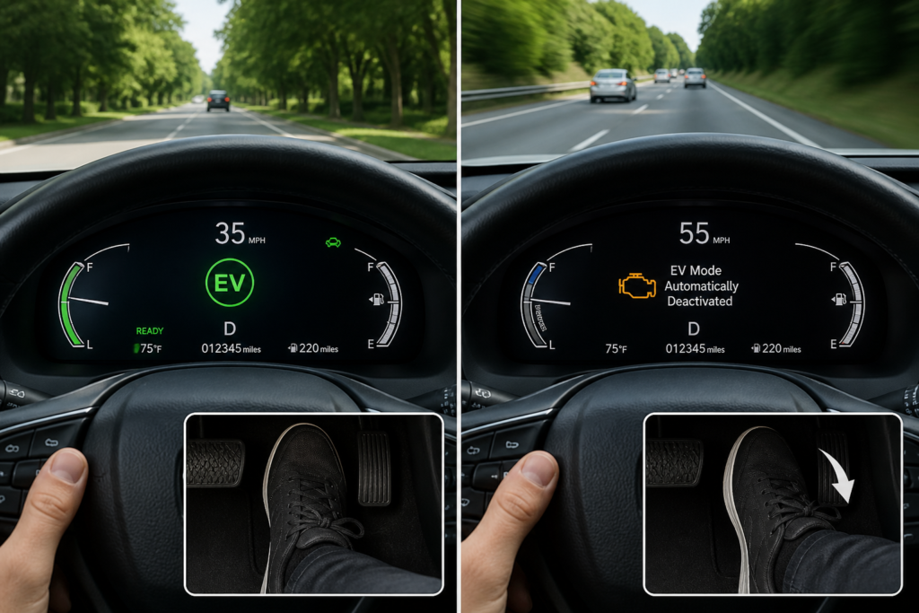 Driver pressing accelerator showing EV mode disengaging with dashboard warning, explaining hybrid driving behavior clearly