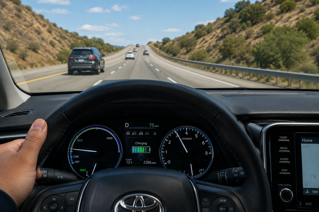 Toyota Camry Hybrid dashboard showing high RPM during uphill highway driving while battery charging stays active.