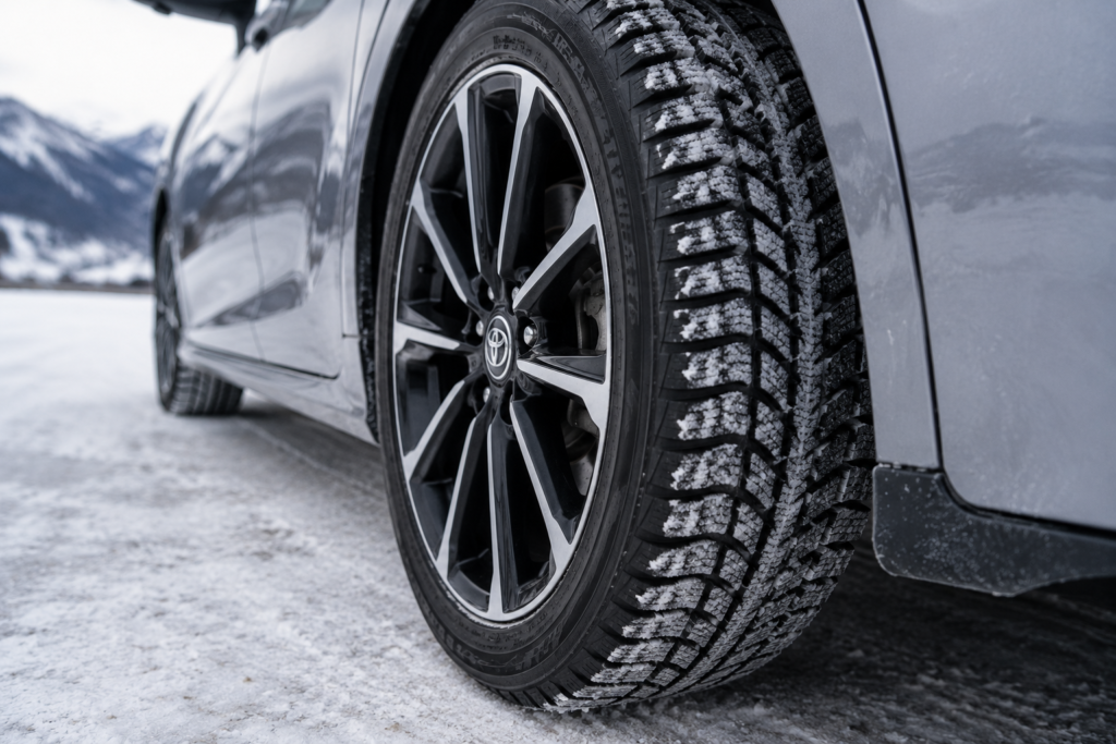 Toyota Camry winter tire tread close up on snow covered road