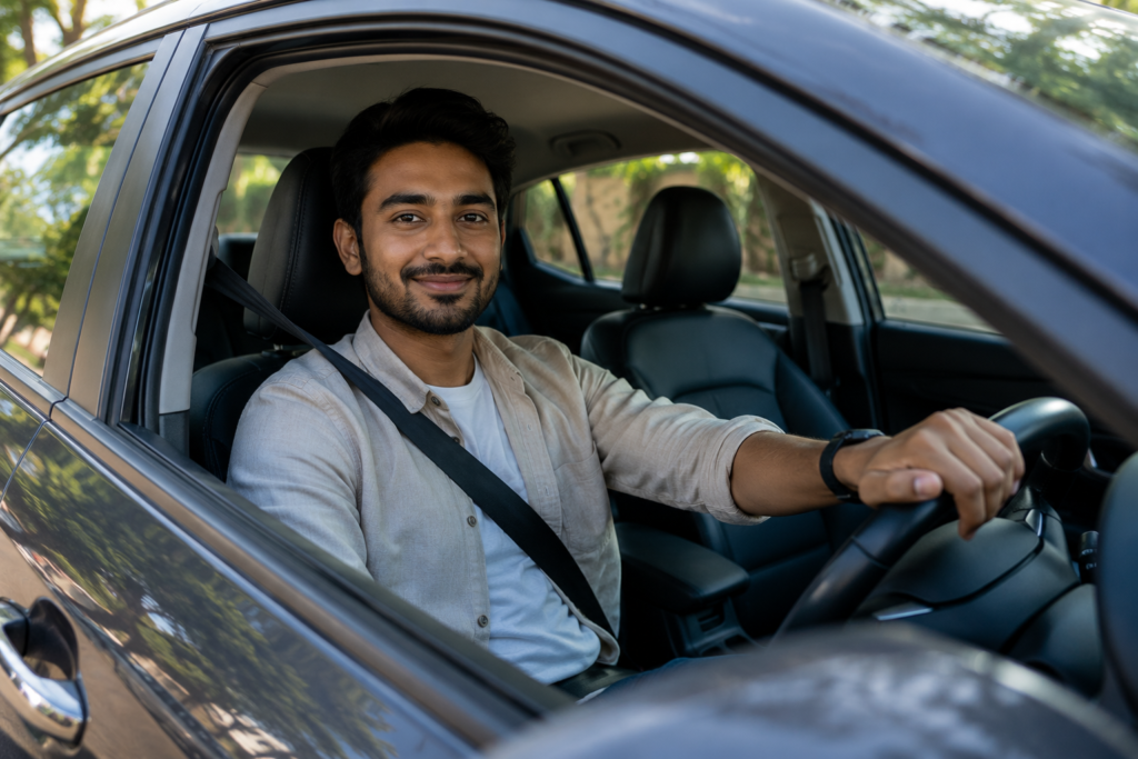 Happy car owner sitting in the driver’s seat with a smile, showing a positive real-world vehicle ownership experience.