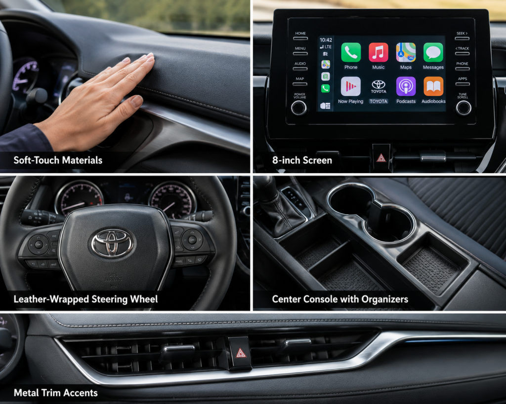 What Does SE Mean on a Toyota Camry? SE interior with soft-touch materials, 8-inch screen, leather wheel, and storage.