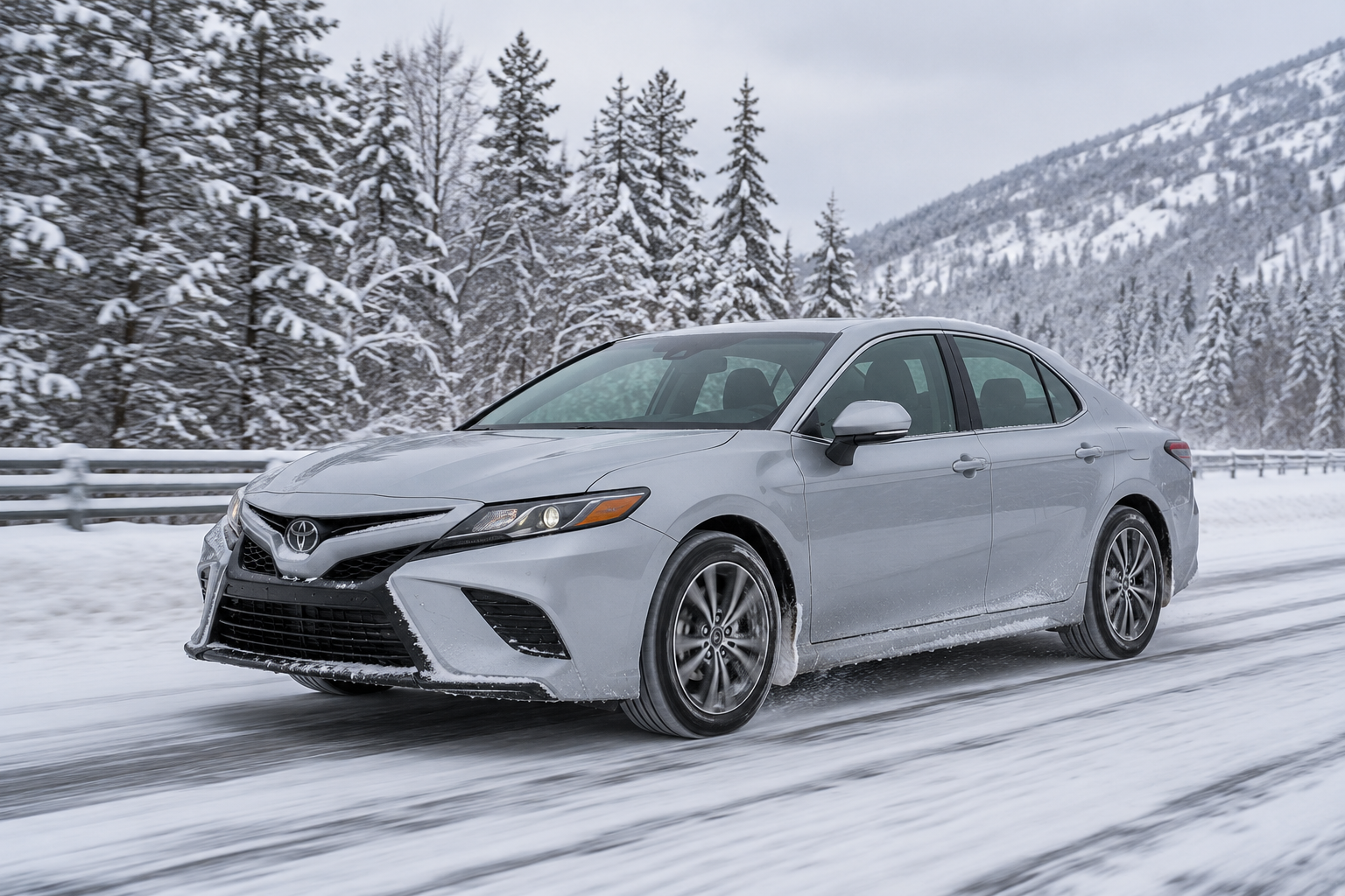 Toyota Camry driving on snow covered road in winter conditions