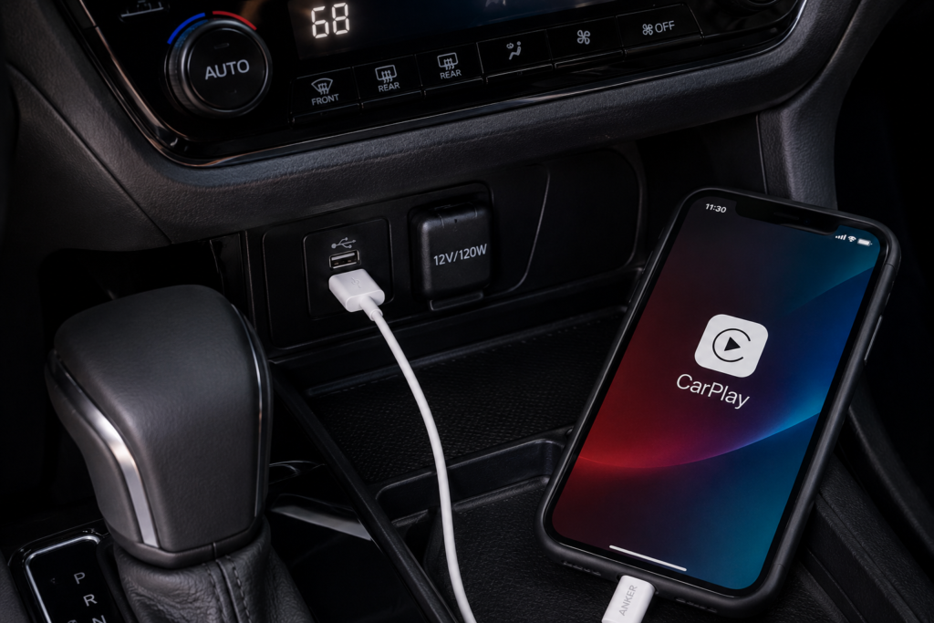 Toyota Camry CarPlay Not Working troubleshooting with iPhone connected to car USB port using Apple-certified cable.
