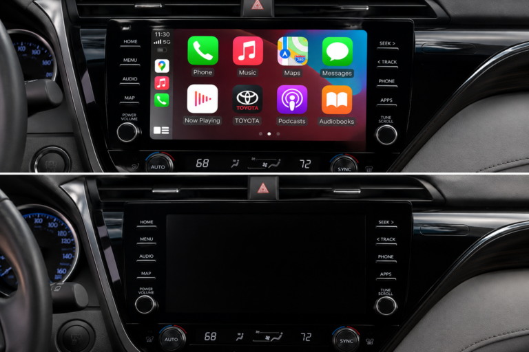Toyota Camry CarPlay Not Working shown on infotainment screen with active CarPlay interface and frozen black display issue.