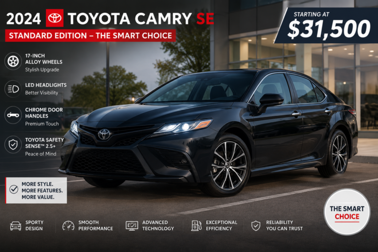 What Does SE Mean on a Toyota Camry? 2024 Toyota Camry SE with LED headlights, 17-inch wheels, and chrome trim shown.