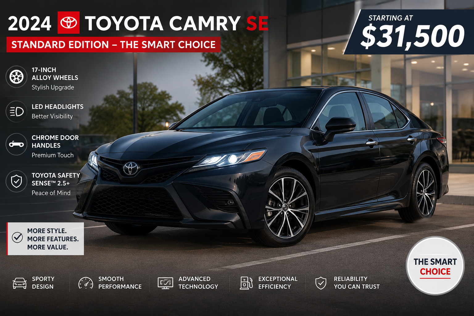 What Does SE Mean on a Toyota Camry? 2024 Toyota Camry SE with LED headlights, 17-inch wheels, and chrome trim shown.