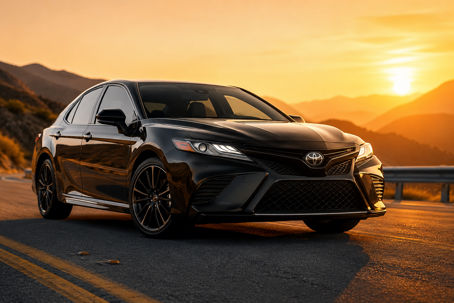 What Is the Best Year for Toyota Camry? Black Toyota Camry XSE on an open highway at sunset with sporty styling.