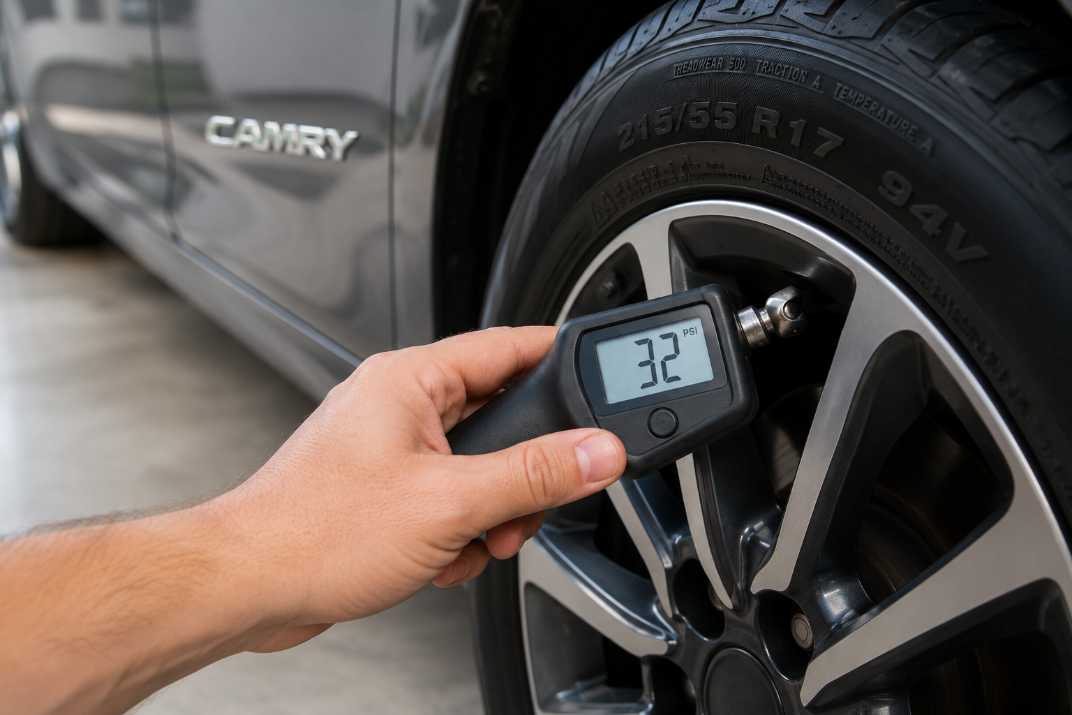 Hand checks Toyota Camry tire pressure with digital gauge showing 32 PSI, helping answer how much tire pressure Camry needs.